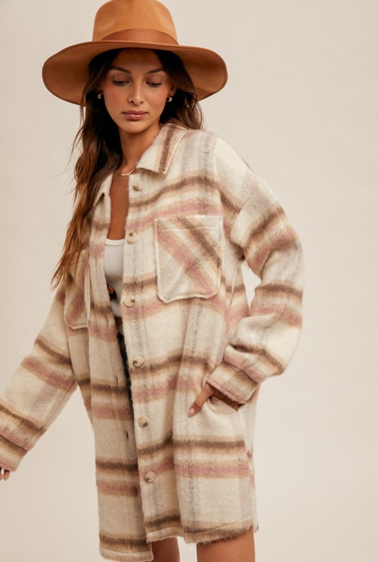 The Candice Pink Ecru Plaid Shacket